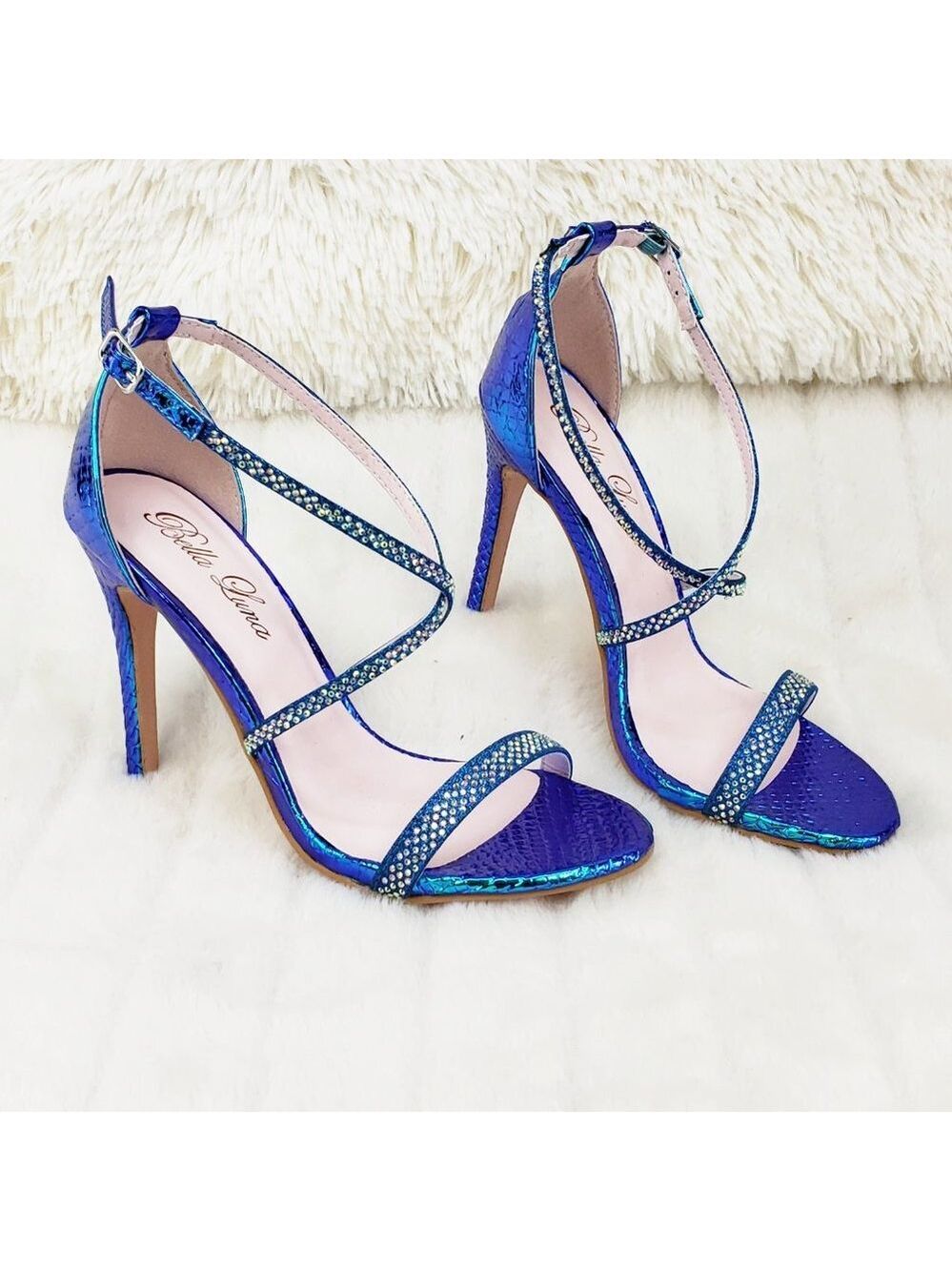 Sexy Blue Metallic Rhinestone Cross Strap High Heel Sandals Lisa